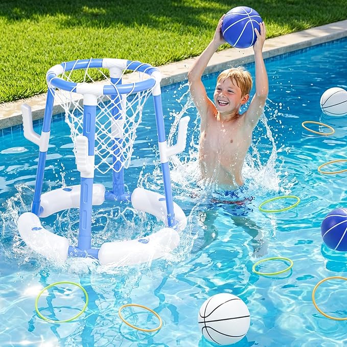 Pool Basketball Hoop&Ring Toss Game 2-in-1 Floating Pool Toy with 4 Balls 8 Rings&Pump,Outdoor Swimming Basketball Party Games Water Play Toy Anti-Tip Stable Base Summer Gift for Kid 4-8 8-12& Adult