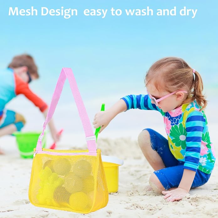 UTTPLL Colorful Mesh Beach Bag Adjustable Kids Quick Dry Net Tote for Seashell Collecting Sand Toy Swimming Accessories