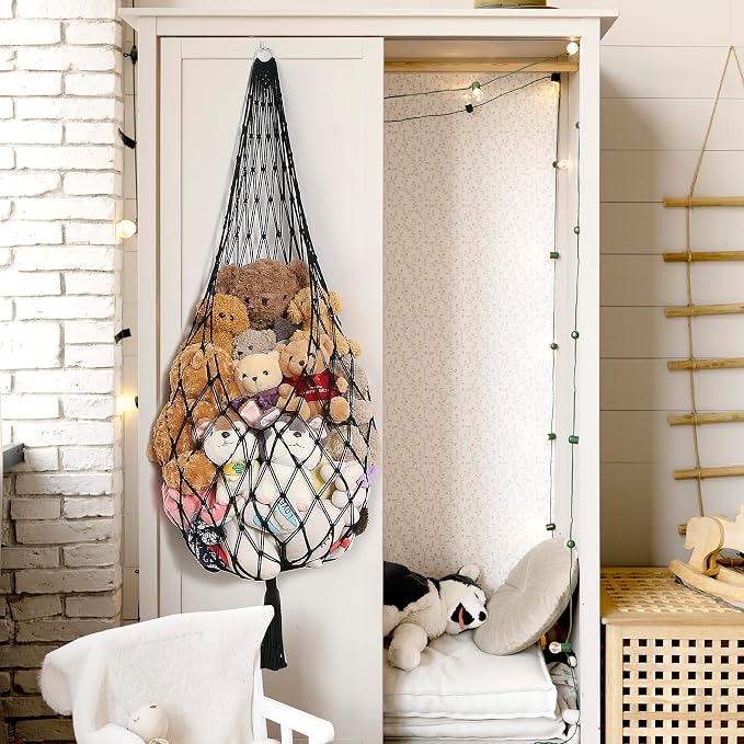 Amdermi Stuffed Animal Hammock Corner Hanging Net for Stuffy Animal Storage Macrame Toy Display Plushie Toy Holder-Perfect for The Tiny Space Walls, Kid Bedroom Decor Playroom Organizer (Black XL)