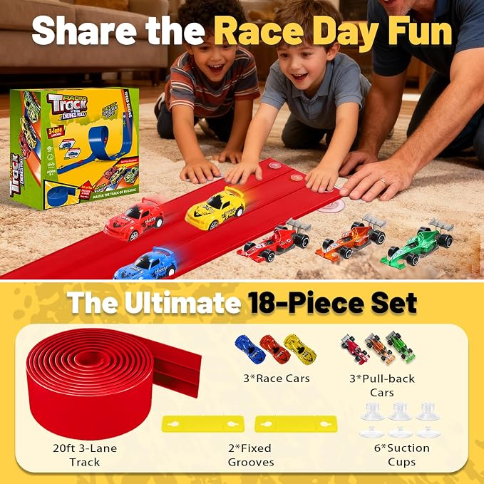3-Lane Flexible Race Track for Kids - 20FT Flex Race Car Ramp Track with Strong Suction Cups, Rolls Up Portable DIY Racetrack Compatible with Hot Wheels & Diecast 1/64th Cars