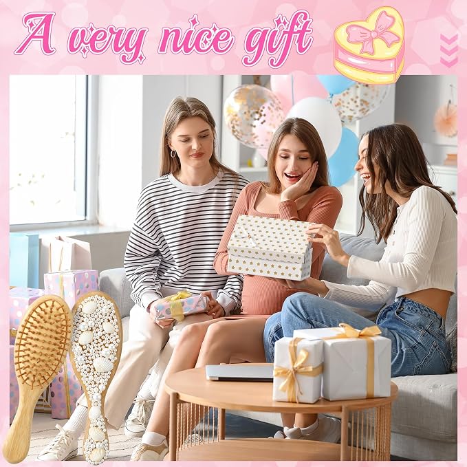 6 Sets DIY Wooden Hairbrush Craft Kit 7.87" White Hair brush Make Your Own Girls Night Party Supplies with Pearl Shell for DIY Gift Wedding Birthday Valentines Party Crafts (Oval)