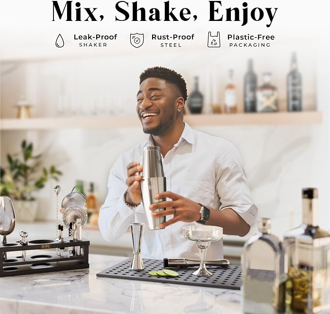 BARE BARREL® Mixology Bartender Kit Bar Set | 16-Piece Cocktail Shaker Set | Martini Barware Mixing Tools for Home Bartending | Incl. 35 Recipe Cards | Gift Set (28oz Boston Shaker, Silver/Black)