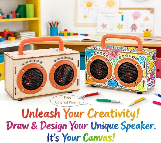 STEM Science Toys for Boys Girls Age 8-12, DIY Bluetooth Speaker Kit No Soldering, Wooden Electronics Building Set with LED Light, Build Your Own STEM Gift for Teens Kids Birthday
