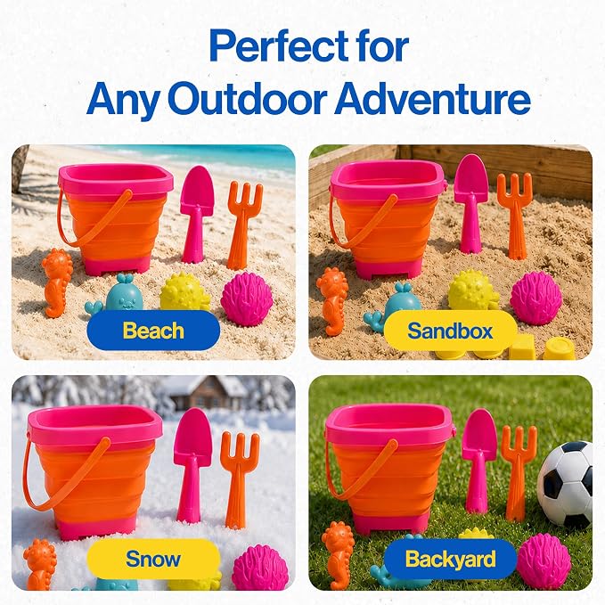 Beach Toys for Kids, 12-Piece Foldable Sand Toy Set, Silicone Beach Bucket, Sand Toys for Toddlers Ages 2-8, Beach Bucket and Shovel Set, Outdoor Beach and Sandbox Toys (Pink Set)