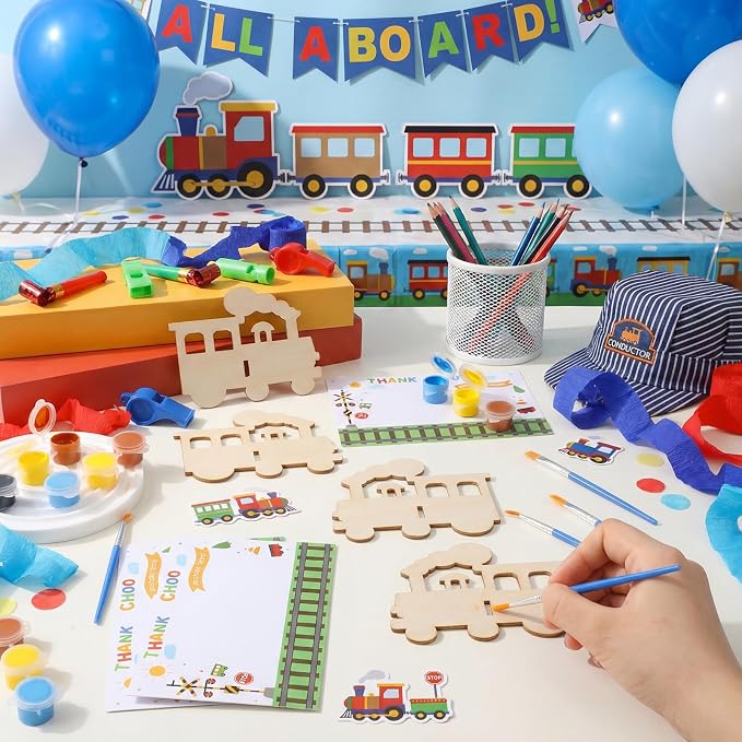 Seenelling 24 Set Train Birthday Party Favor Craft Include 24 Pcs DIY Wooden Painting Art Kit 24 Pcs Magnets 24 Gift Card 24 Wood Coloring Paint Gift 24 Transparent Bags Bulk for Classrooms Supplies