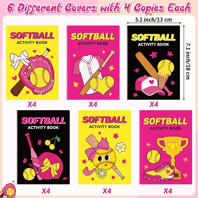 Softball Activity Books for Kids - 24Pcs Softball Mini Games Coloring Book Set Bulk Mazes Word Search Word Scramble Games DIY Booklet for Birthday Sports Theme Party Goodie Bags Stuffers Supplies