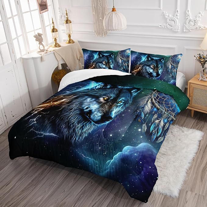 AILONEN Wolf Dream Catcher Comforter Set Twin Size, Blue Galaxy Wolf Bedding Set for Boys, Outer Space Comforter Sets Wild Animals Duvet Set 3 Pieces, 1 Quilt and 2 Pillowcases