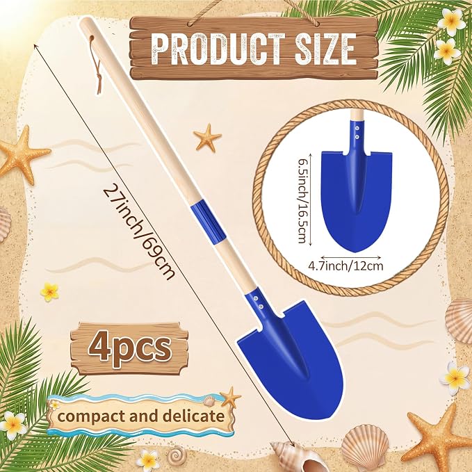 4 Pcs Detachable Kids Beach Shovels, 27" Long Kids Gardening Tools Bulk Metal Sand Shovels with Wooden Handle for Digging Shoveling Sand Snow Gardening Tools Beach Toys Gifts(Blue)