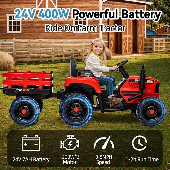 24V Ride on Tractor with Trailer, 400W Electric Car for Kids, Toddler Ride On Toy W/Remote Control, 3 Speed Adjustable, MP3, Bluetooth, LED Light, Emerald