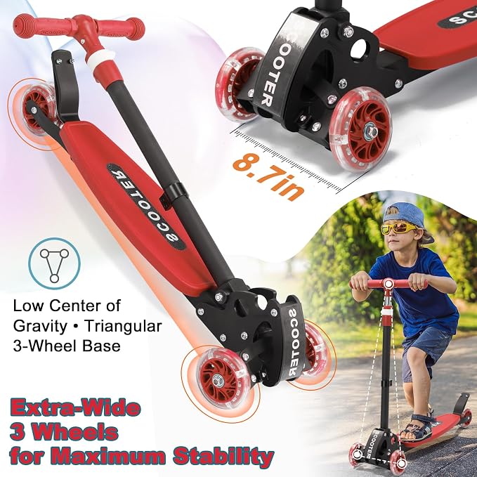 Kids Kick Scooter, Kick Scooter for Kids 2-7 Age, Light up 3 Wheels Kick Scooter, Heavy Duty Folding Lean-to-Steer Scooters with 3 Adjustable Handlebar for Boys Girls Blue