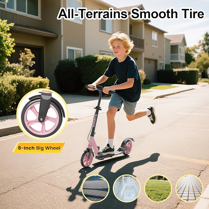 SIMATE Kick Scooter for Kids Teens & Adults, 4 Adjustable Heights, 8IN All Terrain Big Wheels, Dual Brakes & Dual Suspension, Foldable and Lightweight, Gifts for Girls Boys