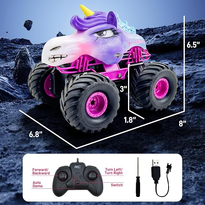 Unicorn RC Car for Girls 1:18 Amphibious Off-Road Remote Control Truck with LED Lights All-Terrain Monster Vehicle 2.4GHz High Speed Crawler Hobby Toy with 2 Batteries Birthday Gift Toys for Kids 6-12