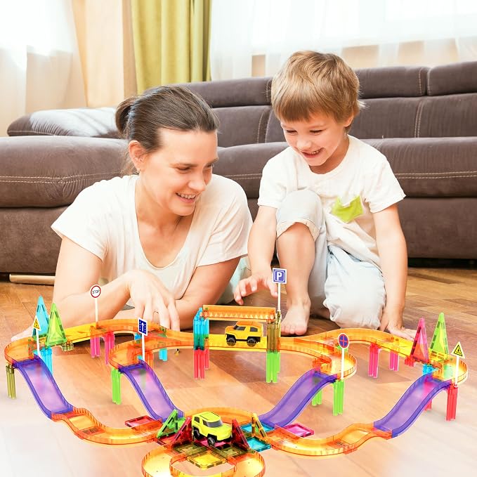PicassoTiles 60pc Magnetic Tile Race Car Track Set STEM Construction Road Kit Building Blocks for Kids Toddlers Age 3 Plus Educational Travel Toy Sensory Preschool Learning for Boys and Girls PTMR60