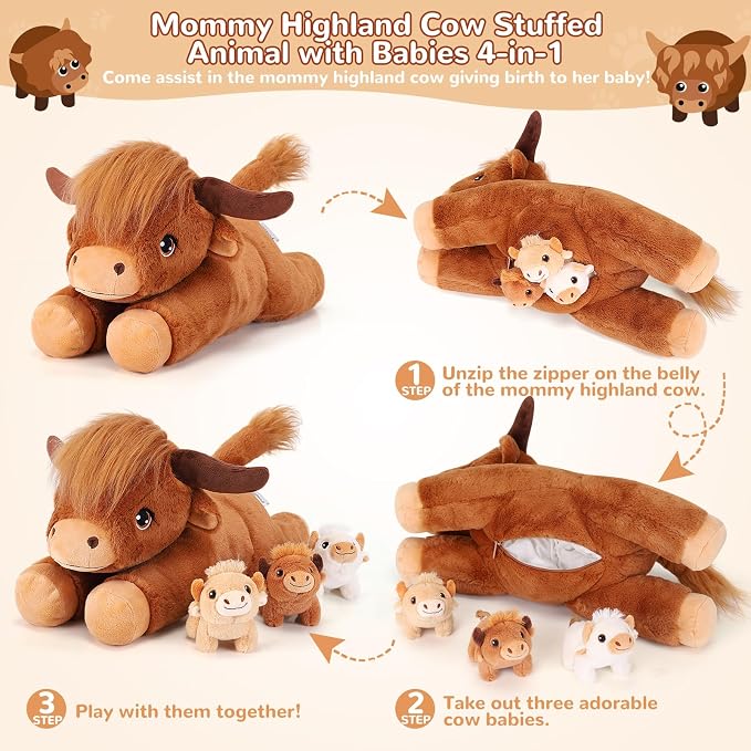 gnomantic Highland Cow Stuffed Animals with Babies, Mommy Toy for Kids | 5-Piece set: 1 mommy highland cow + 3 surprise babies inside. Unzip belly to reveal babies. Ultra-soft, safe for ages 3-8.