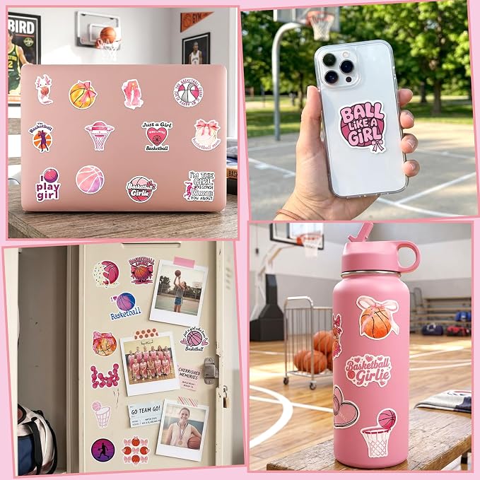 QTL Pink Basketball Stickers for Girls Teens, Basketball Party Supplies, Waterproof Vinyl Stickers for Water Bottles and Laptop, 50PCS