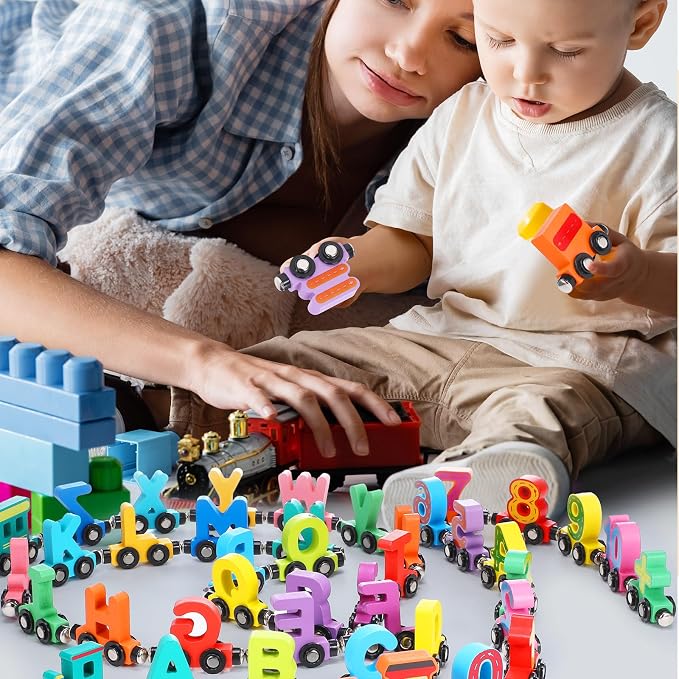 43 Pcs Magnetic Wooden Alphabet Number Trains Set for Kids with 26 Alphabet, 14 Number Trains, 3 Locomotives, Learning Toys for Toddlers Boys Girls Educational Gift for 3-7 Year Olds