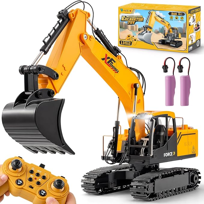 V-Opitos RC Excavator Toys for Boys Age 3, 4, 5, 6, 7, 8, 9, 10+ Years Old, 13CH Excavable Remote Control Construction Toys with Alloy Shovel/Lights/Sounds, Ideal Christmas Birthday Gifts for Kids