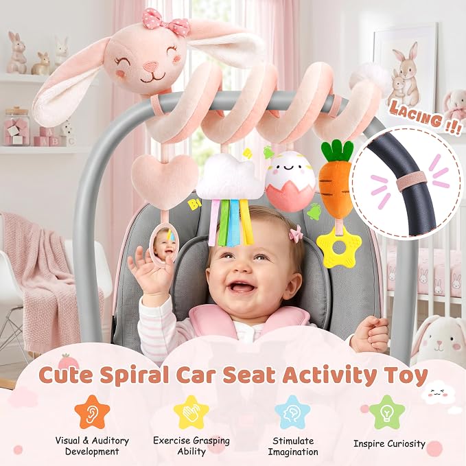 Stuffed Pink Bunny Spiral Car Seat Toys for Babies 0-6 Months, Infant Stroller Toy with Plush Carrot & Star Teether Hanging, Baby Registry Search & Shower Gifts for Newborn Girls