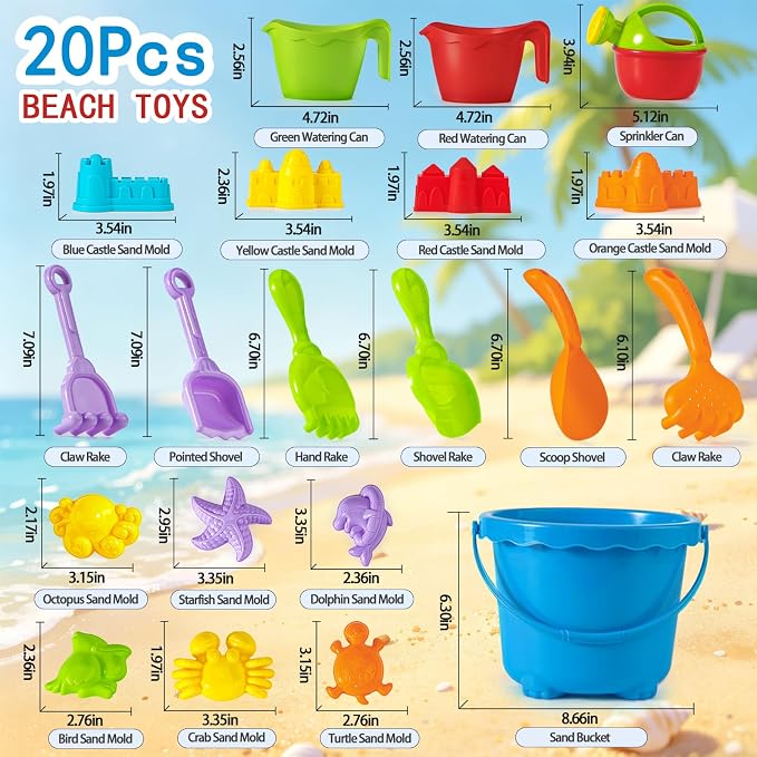 20 Pcs Sand Beach Toy Set with Large Bucket,Shovels,Rakes,Watering Can & Castle Molds - Sandcastle Building Kit for Kids Boys Girls Ages 3+, Summer Outdoor Play Accessories for Beach,Pool & Backyard