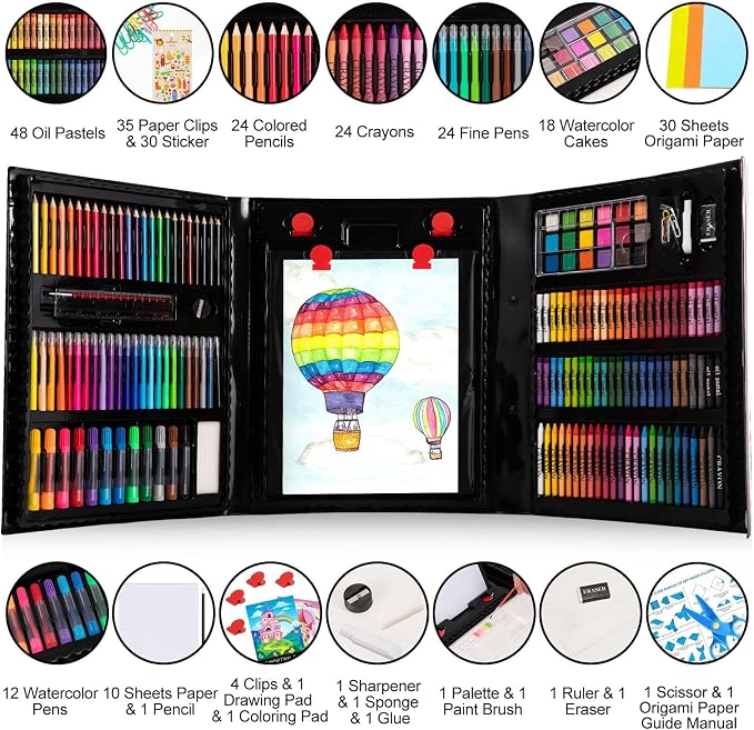 Art Supplies, 272 Pack Art Set Drawing Kit for Girls Boys Teens Artist, Deluxe Gift Art Box with Trifold Easel, Origami Paper, Coloring Book, Drawing Pad, Pastels, Crayons, Pencils, Watercolors(Black)