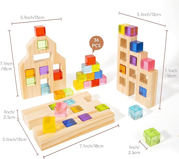 Woodtoe Wooden Building Blocks Set for Kids, 36 PCS Rainbow Acrylic Gem Blocks - 3 Wood House, Montessori Stacking Toy for Toddlers, Educational STEM Birthday Creative Toy Gift for Boys Girls 3-6