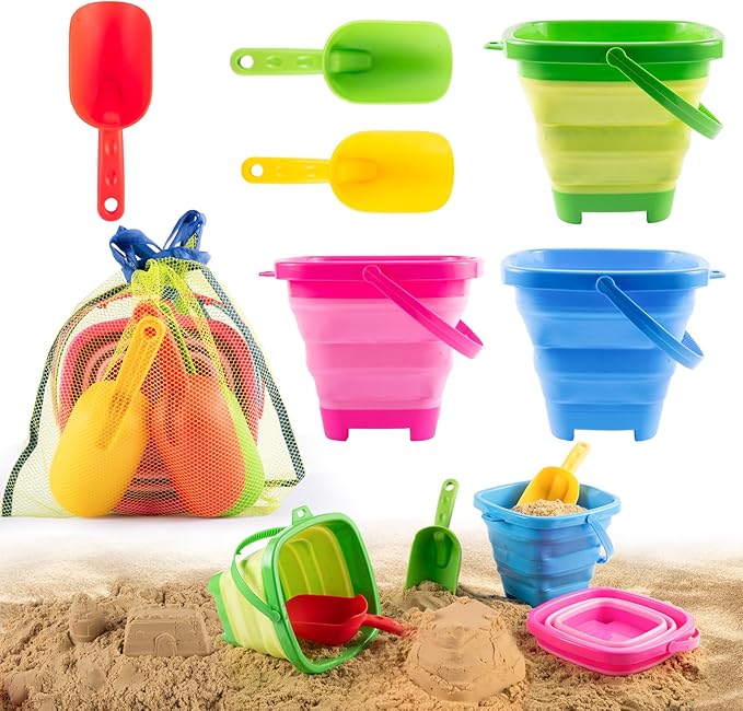 Collapsible Beach Toys for Kids & Toddlers, 3 Pack Foldable Silicone Sand Buckets with 3 Shovels & Mesh Storage Bag, Portable Water Pail for Easter Egg Hunt, Camping, Travel