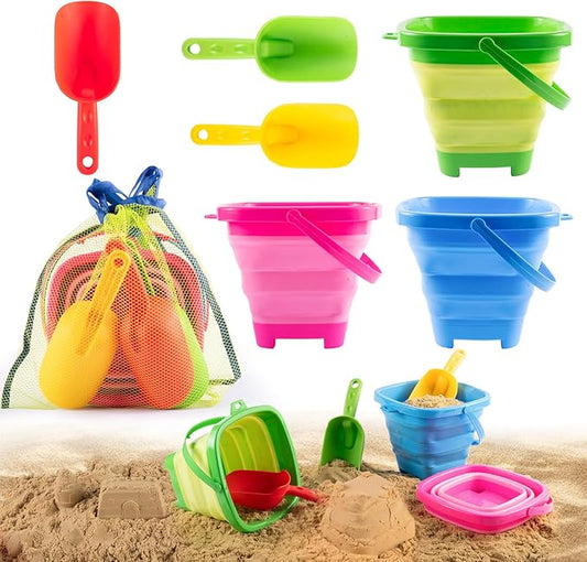 Collapsible Beach Toys for Kids & Toddlers, 3 Pack Foldable Silicone Sand Buckets with 3 Shovels & Mesh Storage Bag, Portable Water Pail for Easter Egg Hunt, Camping, Travel