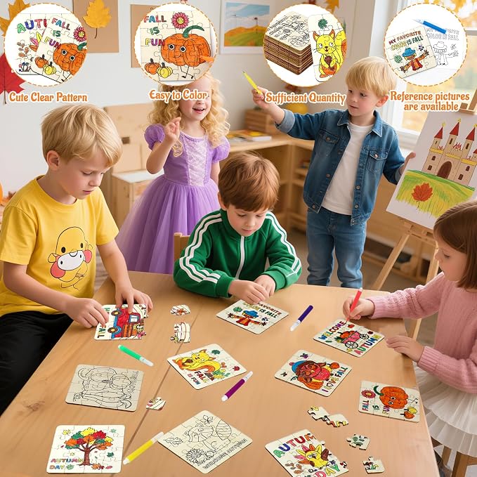 Fall Thanksgiving Wooden Crafts for Kids Autumn Activities Kit Blank Puzzle | 24 Set Thanksgiving wood Jigsaw leaf Turkey Fall Harvest Party Favors Classroom Gift Arts DIY Coloring Game Toy Supplies Bulk