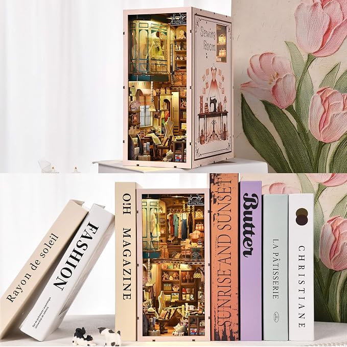 fifijoy Book Nook Kit - Sewing Room DIY Miniature House Dollhouse Kit for Adults and Teens, Booknook Tiny House Bookshelf Decor 3D Wooden Puzzle, Gifts for Family and Friends
