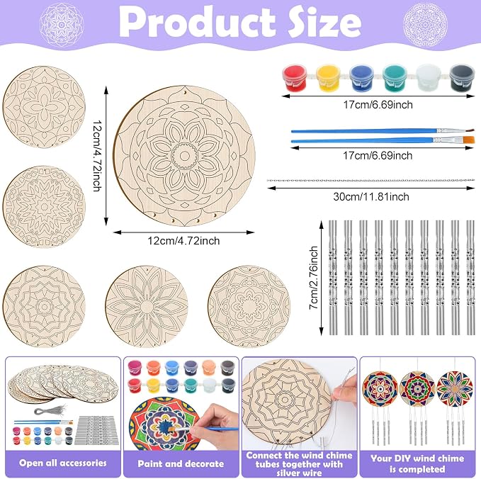 Silipull 24 Sets Mandala Wood Wind Chimes Craft for Kids Color Your Own Windchime DIY Unfinished Wooden Hanging Ornaments Coloring Wind Chime for Kids Gifts School Home and Party Supplies