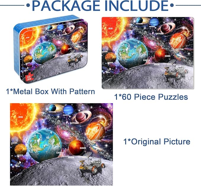 LELEMON Puzzles for Kids Ages 4-6, Space 60 Piece Puzzles for Kids Ages 3-5 in a Metal Box, Educational Jigsaw Puzzles Childrens Puzzle Games Puzzle Toys for Girls and Boys