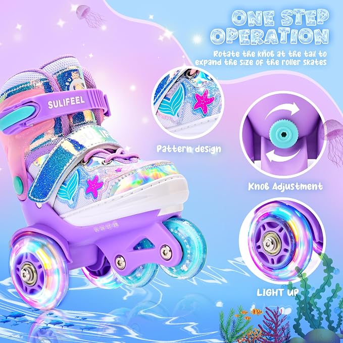 SULIFEEL Adjustable Roller Skates for Girls Boys Kids,Fun Illuminating Light Up Flash Wheels Three-Point Type Balance Suitable for Beginners Indoor Roller Skating