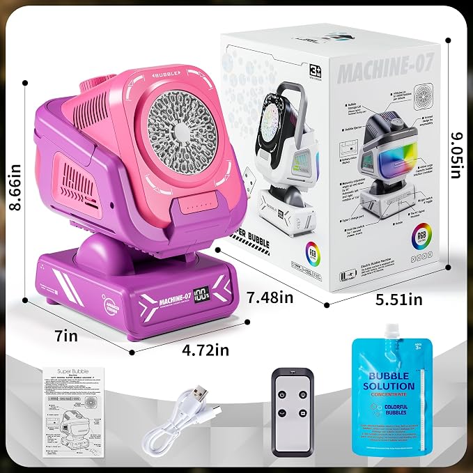 Bubble Machine,Bubble Maker for Party,Outdoor Toys for Kids,Rechargeable/with Remote Control / 7 Color RGB Lights,Wedding Birthday Party, Summer Activities Bubble Blower Gift for Boys & Girls