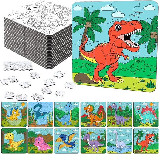 Realspring 24 Pack Dinosaur Color Your Own Jigsaw Puzzles for Kids Ages 3-5, 4-6, 6-8, Coloring Crafts DIY Paper Puzzles Party Favors Gifts for Toddler Children Learning & Education Toys