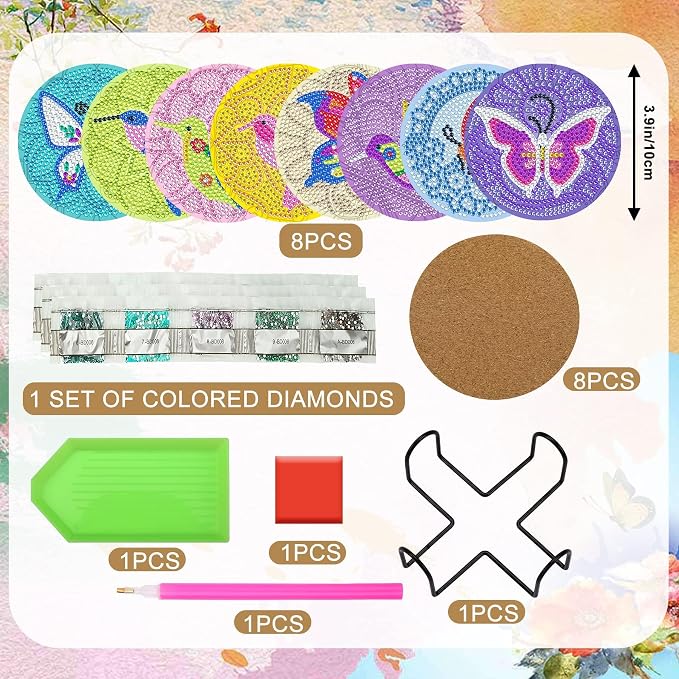 UPINS DIY Kit, Diamond Art Painting Coasters with Holder, 8 Pcs Hummingbird Butterfly Coaster Craft Supplies for Adults Kids Beginners