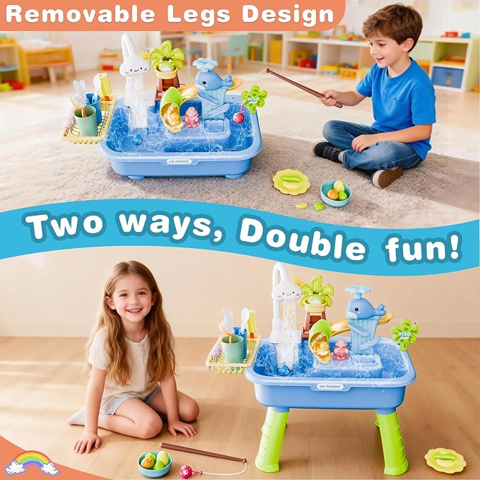 Toddler Water Table for 1-3 Year Old - Upgraded Electric Pump Water Toys, Outdoor Sensory Play Sand & Water Table, Kitchen Sink Toy with Running Water & Fishing Game, Summer Gifts for Boys Girls,Blue