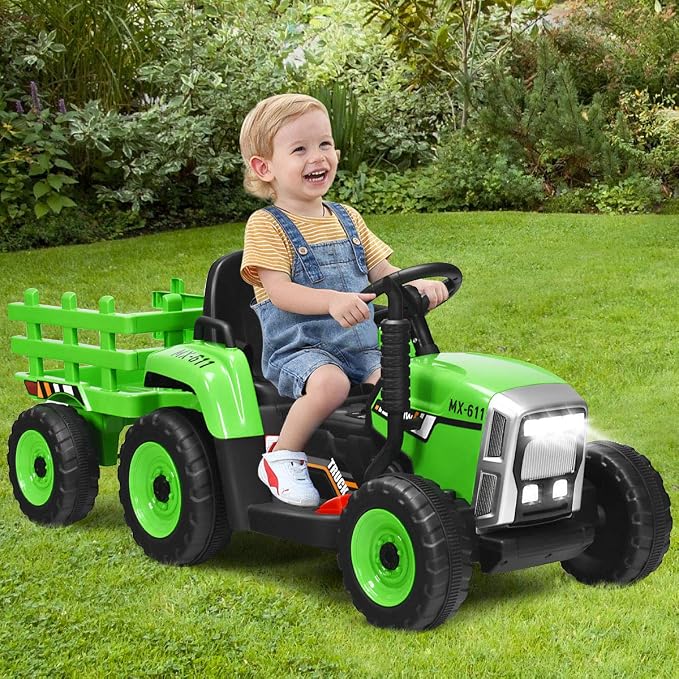 Costzon Ride on Tractor with Detachable Trailer, Kids' Electric Vehicles w/3-Gear-Shift Ground Loader, Wireless Design & USB, 7 LED Headlights, Remote Control Tractor Toy for Kids 3+ (12V, Green)