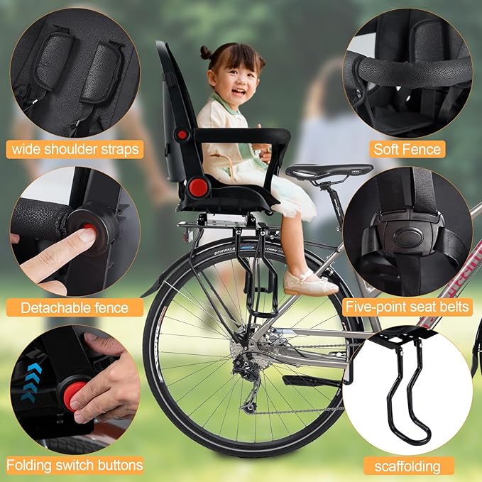 Rear Child Bike Seat, Width Adjustable Toddler & Baby Bike Seat for Adult Bike, Bike Chair for Bicycle, Kids Seat Fits Children 2~6 Years, Supports Up to 55 lbs