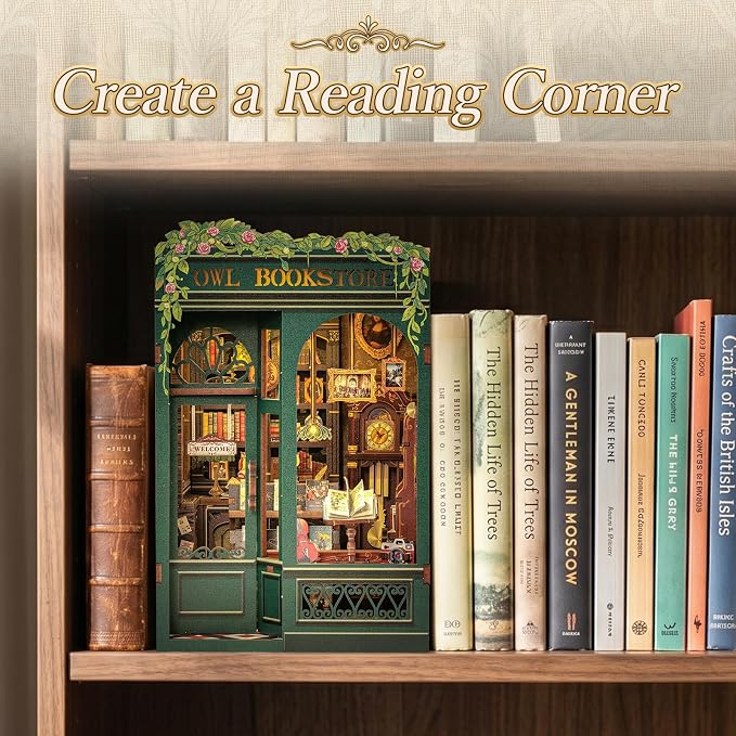 Fsolis Book Nook Kit - DIY Booknook Bookshop（OWL Bookstore） | Miniature House 3D Wooden Puzzles for Beginners, 139 Wood Pieces, Bookshelf Building with Light, Gifts for Book Lovers