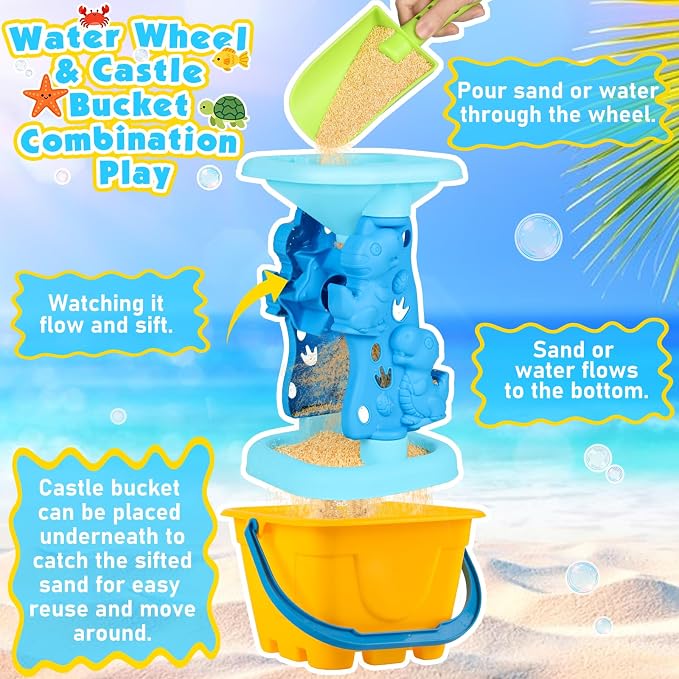 Beach Toys for Kids Toddlers, Sand Castle Toys with Bucket, Water Wheel, Long Shovel, Dinosaur Travel Sand Toys for Beach & Mesh Bag, Sandbox Essentials Toy for Toddlers Kids Baby Boys Girls Age 3-10