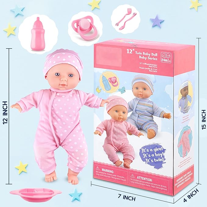 Toy Choi's Twin Baby Dolls 12 inch Soft Body Black and White Doll Set, Babydoll Playset with Rompers, Hat, Pacifier and Doll Bibs, Gifts Toys Toddlers Kids Boys and Girls | Pink Outfit Doll Set