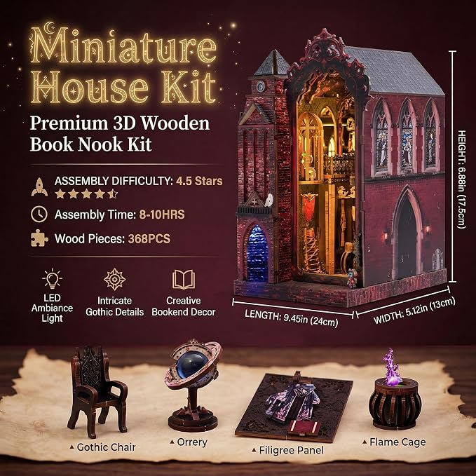 Book Nook Kit, DIY Miniature House Dollhouse Crafts Kit for Adults and Teens, Magic Castle 3D Wooden Puzzle Booknook Build Bookshelf Decor, Gifts for Family and Friends（Arcane Sprire）