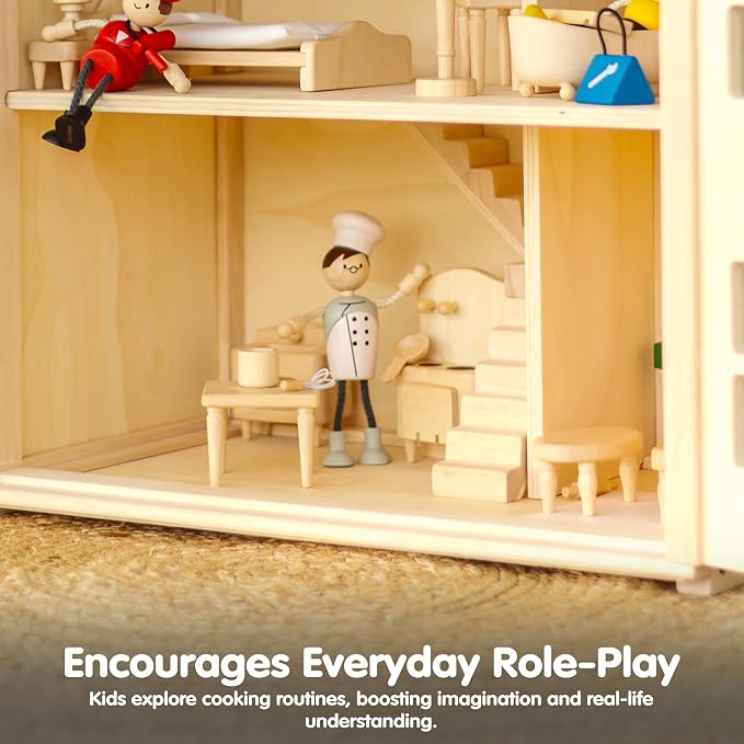 PlanToys® Wooden Chef Doll | Poseable 1:12 Scale Character Figure for Dollhouse Play, Cooking Scenarios & Social Interaction | Eco Friendly Montessori Pretend Play Figure