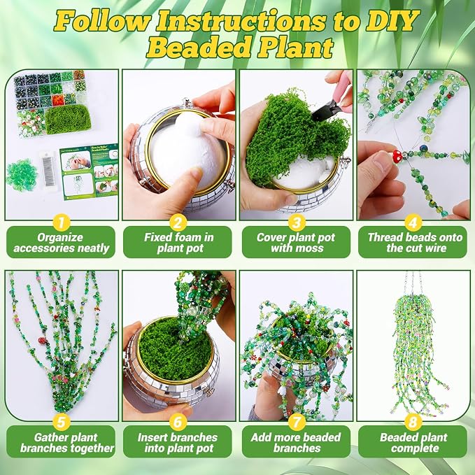 FOGWOWO 2628 Pcs Beaded Plant Kit Green Beads for Beaded Plants,Forever Plant Kit Green Glass Beads Plant Beads for Plants Making,Glass Leaf Bead for Jewelry Making DIY Crafts