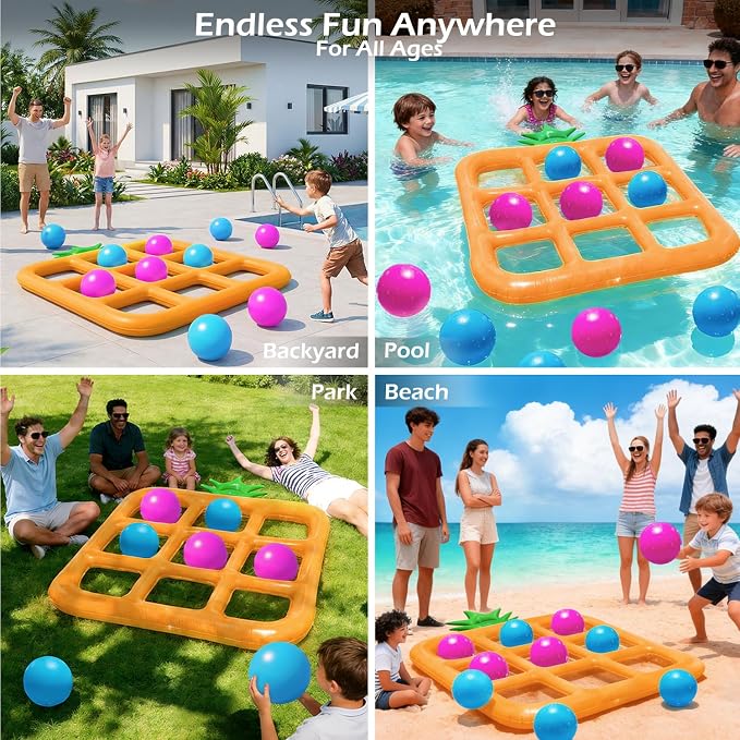 Jasonwell Tic-Tac-Toe Pool Toys Games - Giant Floating Tic Tac Toe Game Float with 10 Balls Pineapple Pool Game Party Toy Floats Yard Field Day Games Outdoor Beach Toys for Adults Teens Kids (Orange)