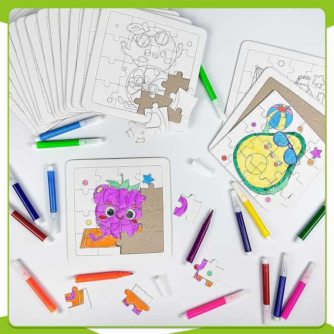 Cinrobiye 24 Pcs Fruit Coloring Puzzle Craft Kit for Kids, DIY Tropical Fruit Jigsaw Puzzles Bulk with 12 Designs, Summer Arts and Crafts for Tutti Frutti Party Favors, Classroom Rewards