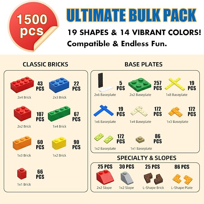 1500 Pieces Classic Building Bricks - Bulk Blocks Set Compatible with Major Brands - Creative STEM Educational Construction Toys, Mixed Colors & Shapes for Boys Girls Ages 6+