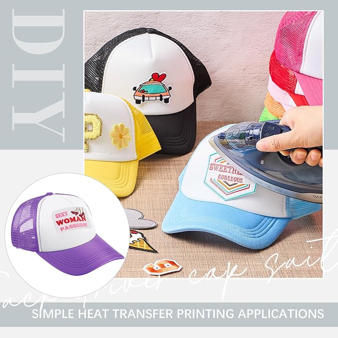 Hercicy 12 DIY Trucker Hats Kit, Sublimation Blank Baseball Caps with 120 pcs Embroidered Patches DIY Craft for Party(Cute, Multicolor)