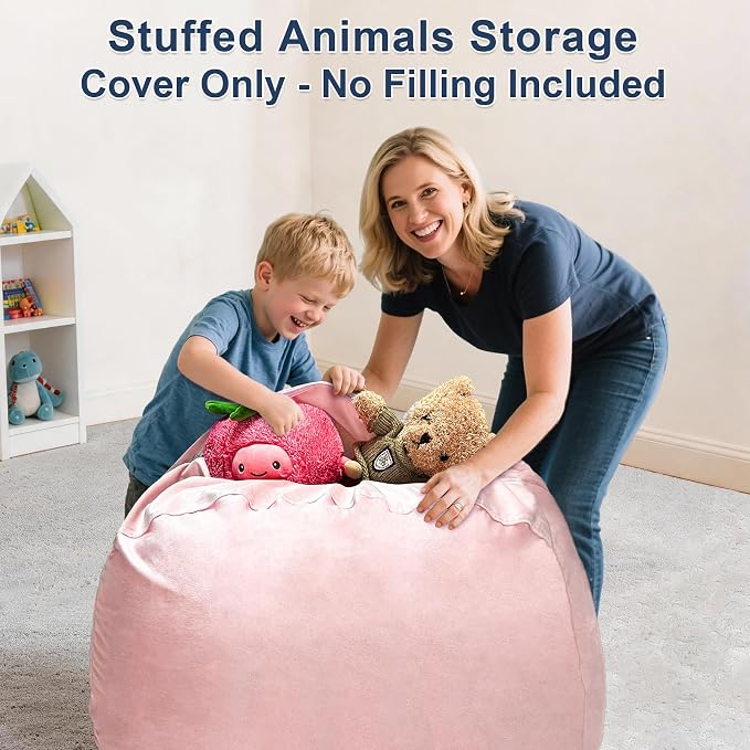 Lukeight Stuffed Animals Storage Bean Bag Chair Cover for Kids, Cozy Velvet Plush Toy Organizer Seat, Cover Only, No Filling Included, Long YKK Zipper, Side Pocket, X-Large 30 x 18 in