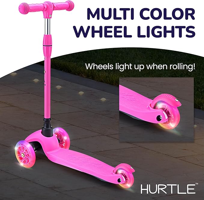 Hurtle Mini Kickboard Scooter for Kids - Height Adjustable 25''-28'', Lightweight 3-Wheel with LED Light-up Wheels, Anti-Slip,Indoor/Outdoor Fun, Micro Scooters for Ages 2-5 (Pink)